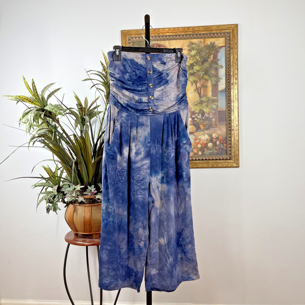 For Justify Blue Tie Dye Strapless Wide Leg‎ Jumpsuit Women's Large Pockets
